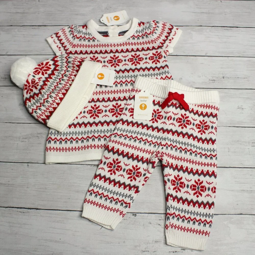 Gymboree Baby Girl's Sweater Dress Hat Pants Set Size 0-3 Months Winter